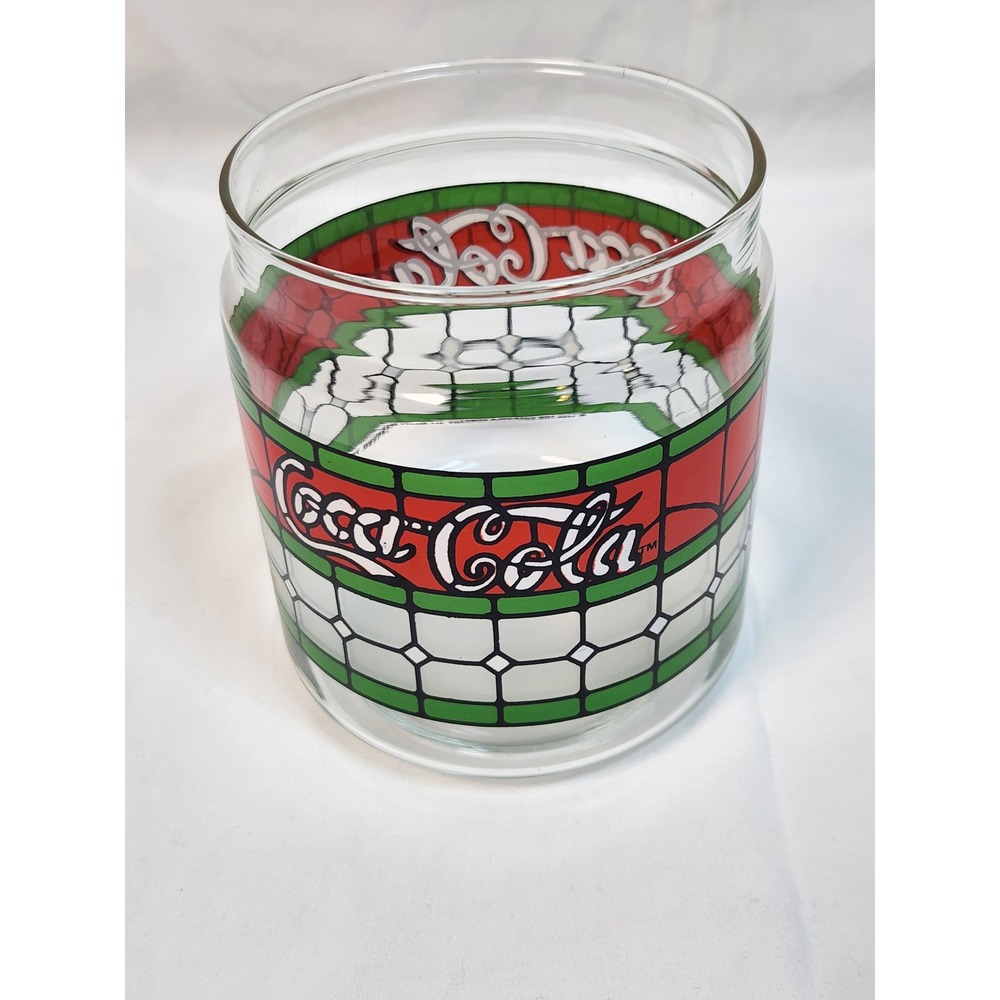 Vintage 1999 Coca-Cola Stained Glass Style Glass Jar Red Green